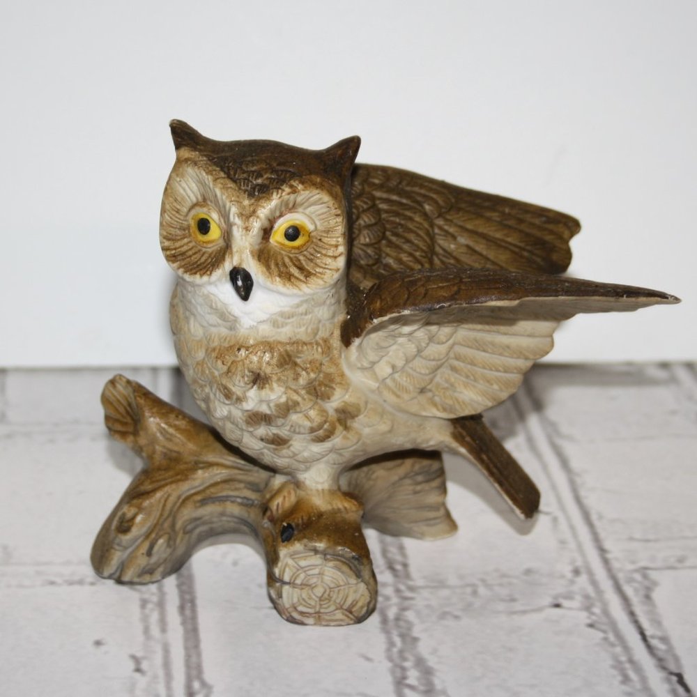 🦉 Homco Porcelain Figurine · Great Horned Owl · 5"x5" Vintage · Brown & Cream ·